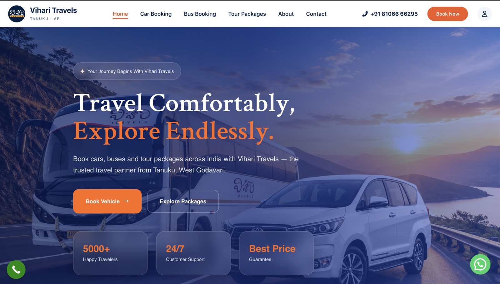 Vihari Travels website homepage